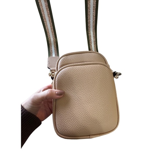 Mali+Lil crossbody phone bag small tan pebbled leather glitter strap - Picture 3 of 13